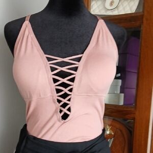 Pink Crisscross Plunge Bodysuit